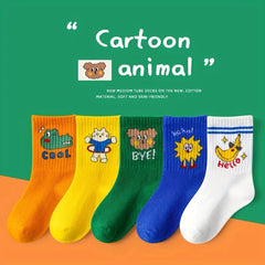 5 Pairs Boys Cartoon Print Socks, Spring/Summer Casual Wear
