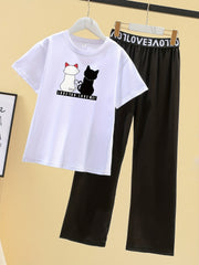 Girls Cat Graphic T Shirt & Wide Leg Pants Set Kids Spring Summer Clothes