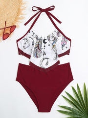 Moon Print Halter Neck Top & Panties Swimsuit Set Women's Plus Size 2pcs Set