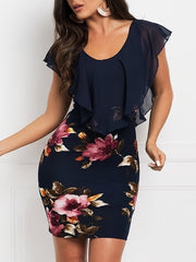 Floral Print Ruffle Trim Dress Short Sleeve Scoop Neck Bodycon Mini Dress