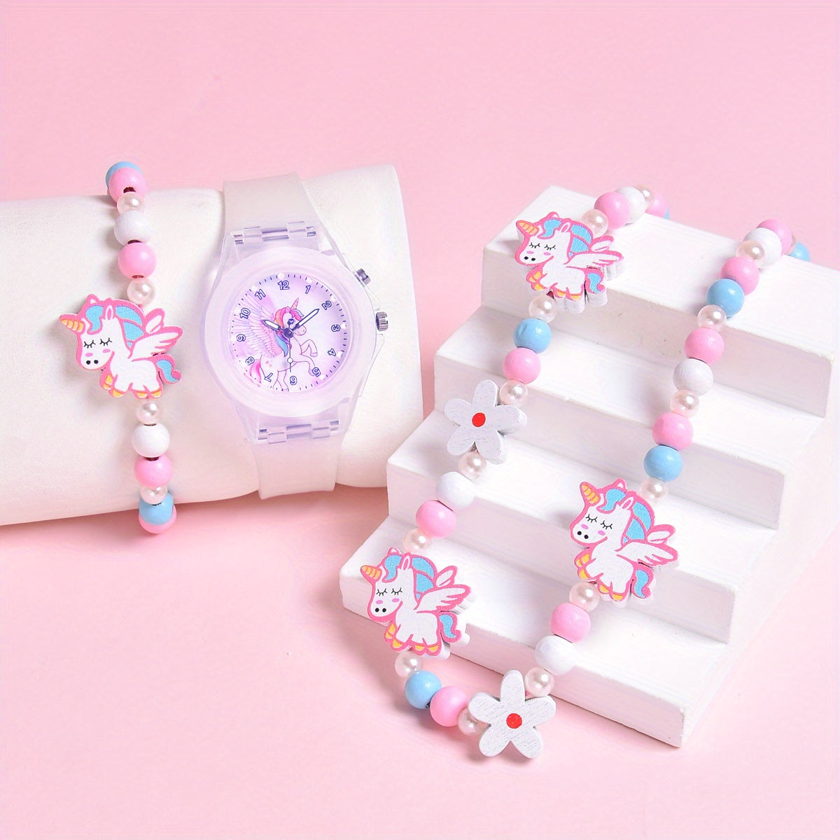 Girls' Pony Watch Set Soft Silicone Strap Luminous Quartz Wristwatch
