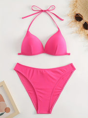 Solid V Neck Halter Bikini Tie Neck High Stetch 2 Piece Swimsuit