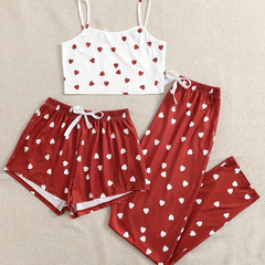 Heart Print Cami Top & Shorts & Pants 3 Piece Set
