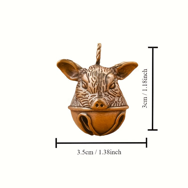 Brass Pig's Head Bell Keychain Lucky Zodiac Animal Pendant Gift