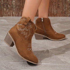 Women's Embroidery Ankle Boots Chunky Heeled Cowboy Slip On Short Boots