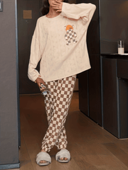 Cartoon Print Pajama Set Crew Neck Top & Plaid Pants