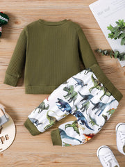 Boys Dino Print Outfit Long Sleeve Top Trousers Set