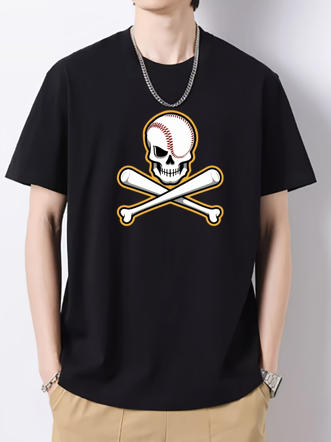 Funny Baseball Skeleton Print Men's Cotton Graphic Crew Neck Active T shirt