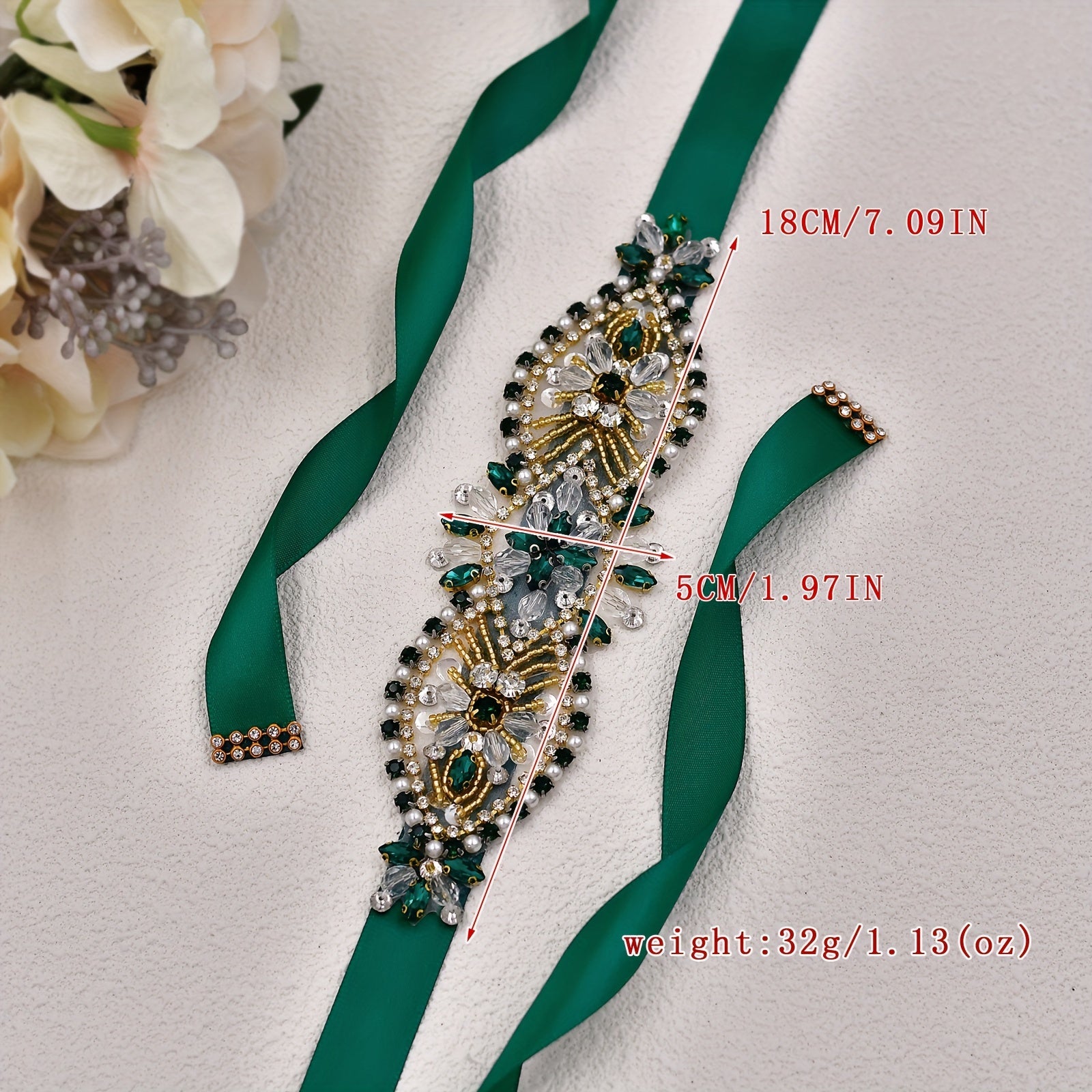 Vintage Rhinestone Waist Belt Sparkling Crystals Green Ribbon Bridal Sash