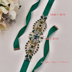 Vintage Rhinestone Waist Belt Sparkling Crystals Green Ribbon Bridal Sash