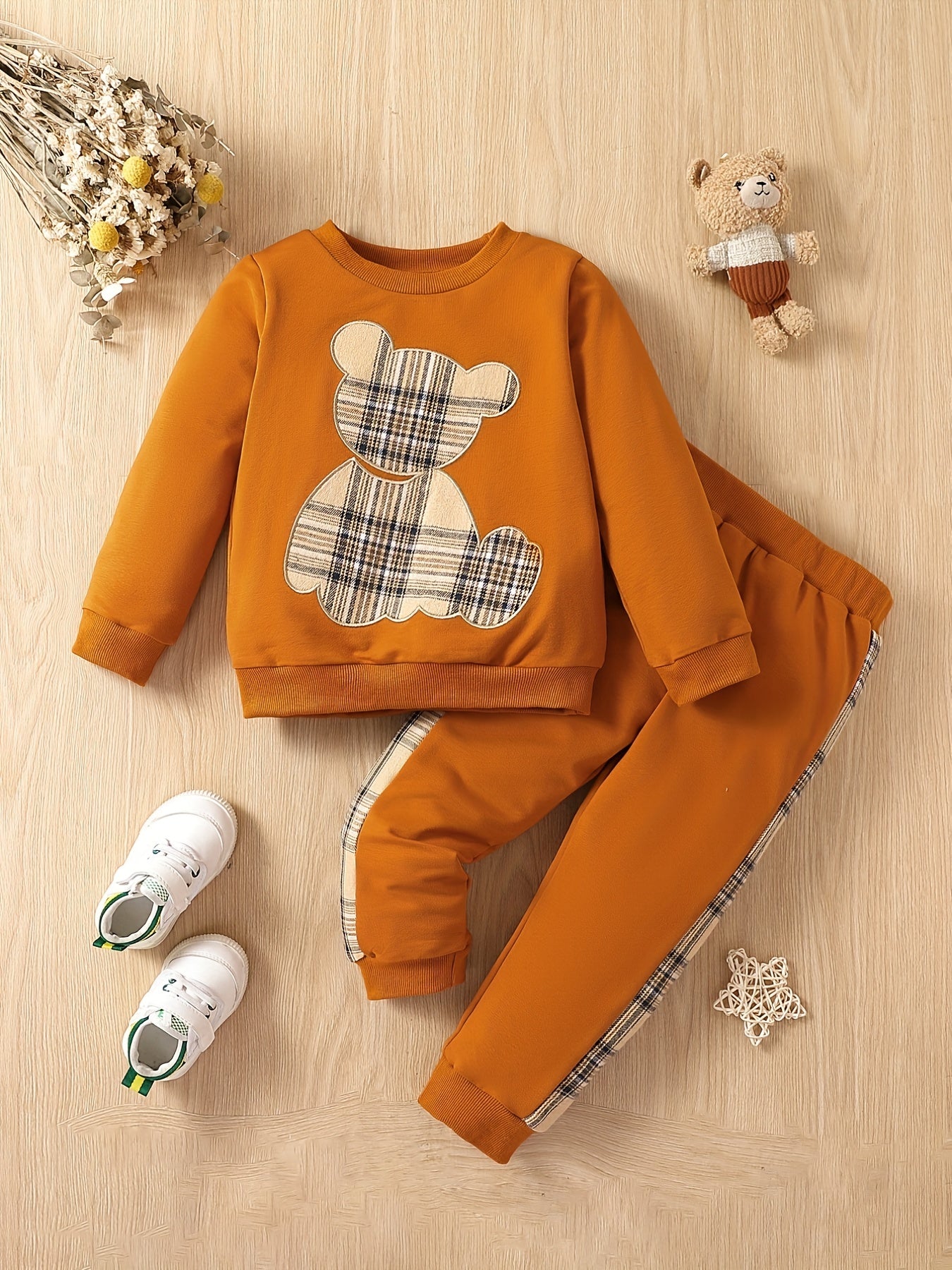 Boys 2pcs Sweatshirt & Elastic Waist Pants Plaid Bear Patched