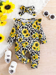 Newborn Cartoon Animal Pattern Jumpsuit & Headband 2pcs Set Baby Outfits