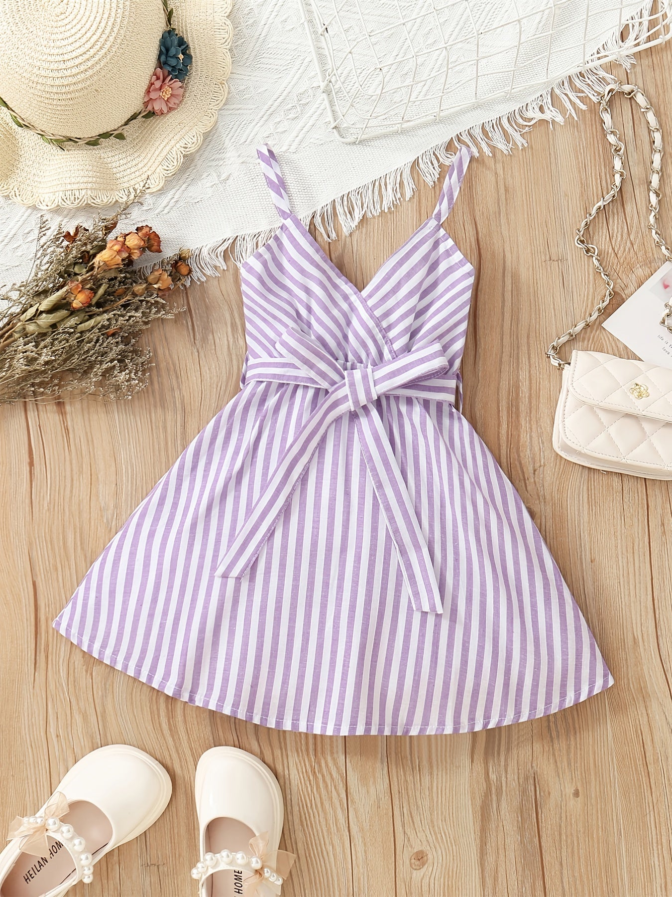Girls Striped V-Neck Dress With Belt