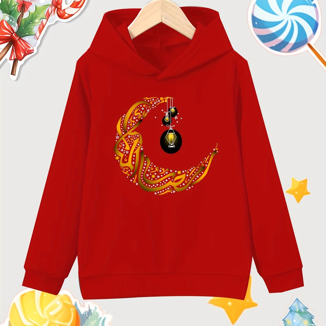 Moon Lantern Print Girls Cotton Pullover Hooded Sweatshirt for Autumn Winter