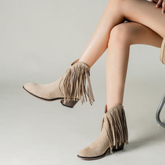 Women's Tassel Chunky Heel Ankle Boots Comfortable Outdoor Shoes