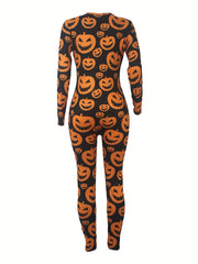 Pumpkin Print Lounge Romper Long Sleeve V Neck Buttons Romper