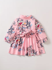Girls Floral Belted Long Sleeve Dress 0 3 Years