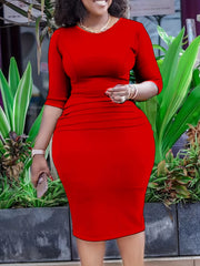 Solid Ruched Front Bodycon Midi Dress