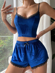 Lace Velvet Pajama Set V Neck Top & Shorts Women's Sleepwear