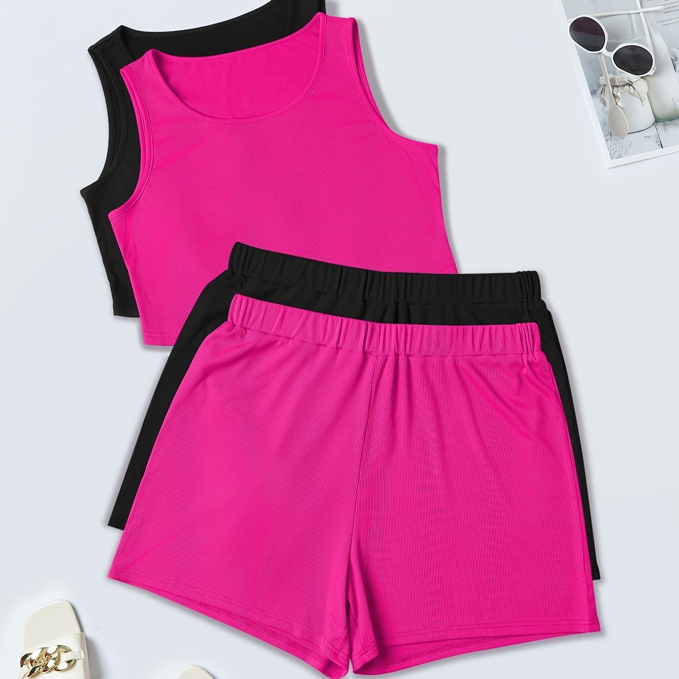 Women's Plus Solid Ribbed Tank Top & Shorts Set