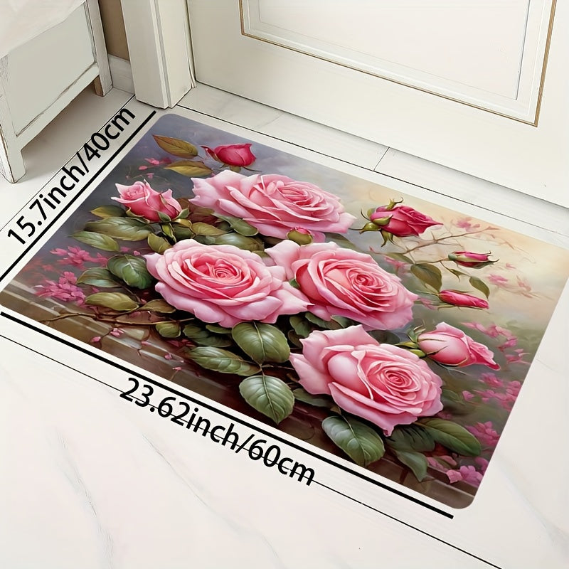 Pink Rose Print Area Rug Machine Washable Mat for Home Decor