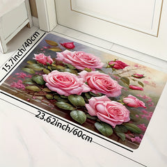 Pink Rose Print Area Rug Machine Washable Mat for Home Decor