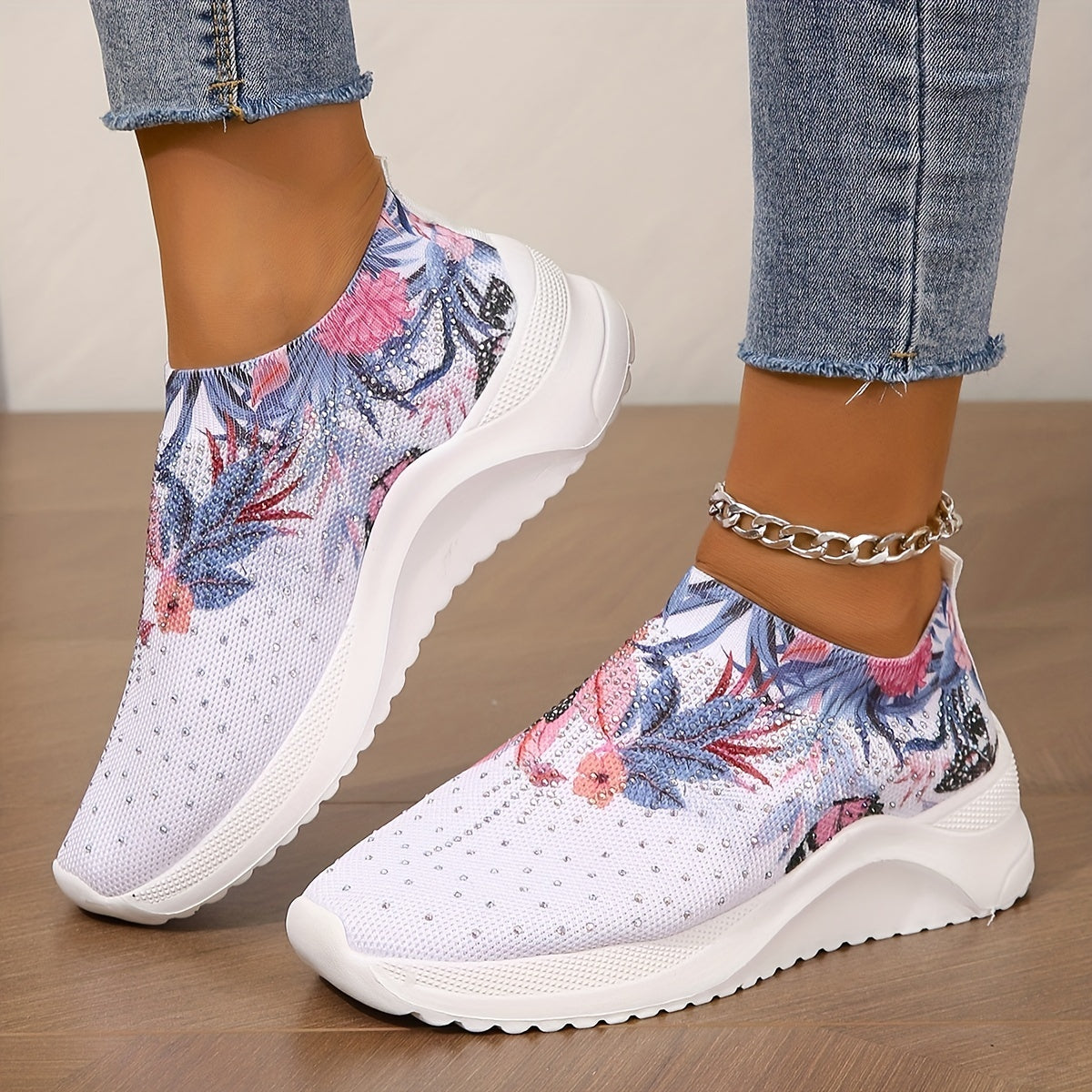 Floral Graphic Slip On Sock Shoes with Rhinestone Detail