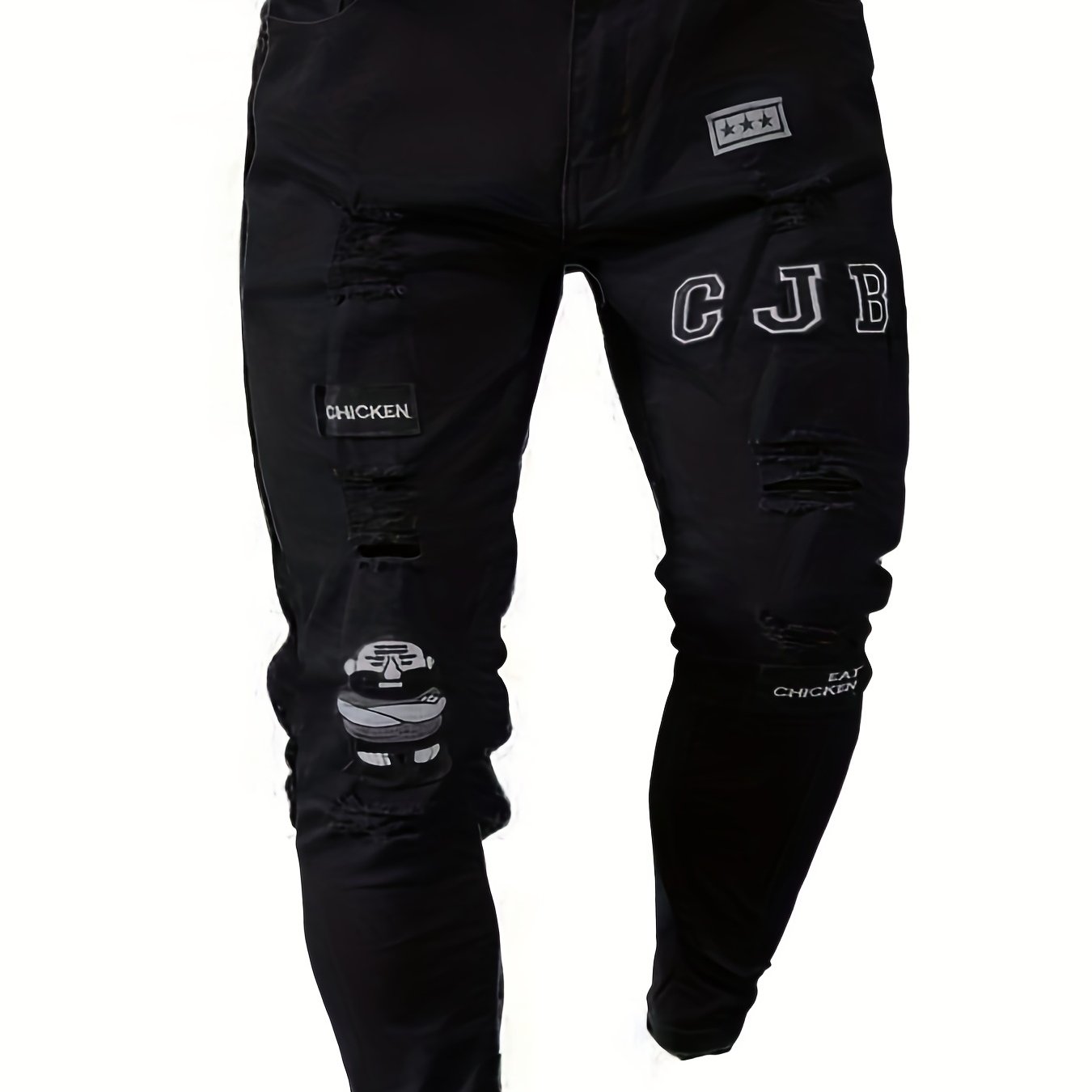 Slim Fit Ripped Embroidery Biker Jeans Mens Casual Street Style Stretch Denim