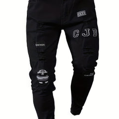 Slim Fit Ripped Embroidery Biker Jeans Mens Casual Street Style Stretch Denim