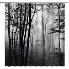 Forest Theme Shower Curtain & Wood with Foggy Pattern Waterproof Fabric