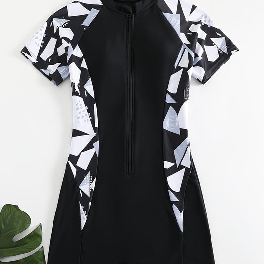 Short Sleeve Round Neck Swimsuit Half Zipper Surfing Water Sports Bathing Suit