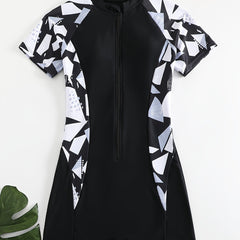 Short Sleeve Round Neck Swimsuit Half Zipper Surfing Water Sports Bathing Suit