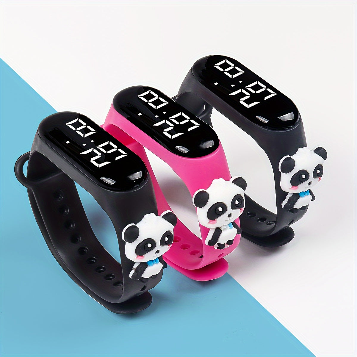 3pcs Panda Cartoon Kids' Electronic Watch Digital Display TPU Band Perfect Gift