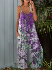 Boho Floral Print Spaghetti Jumpsuit Loose Wide Leg