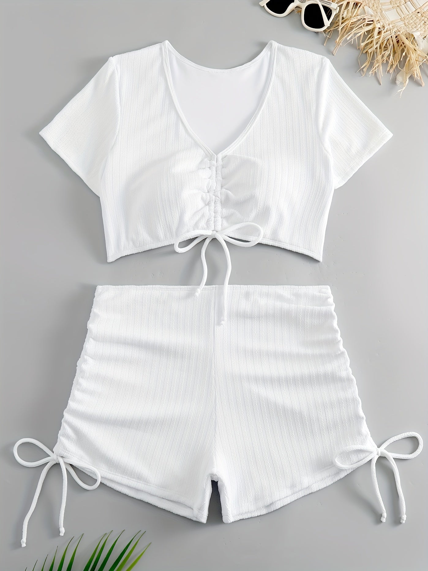 Casual Swimsuit Set Solid Ruched V Neck Crop Top