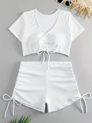 Casual Swimsuit Set Solid Ruched V Neck Crop Top