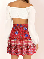 Boho Floral Print Pleated Skirt High Waist Beach Skirt