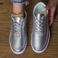 Women's Silver Faux Leather Skate Shoes Casual Lace Up Outdoor Shoes