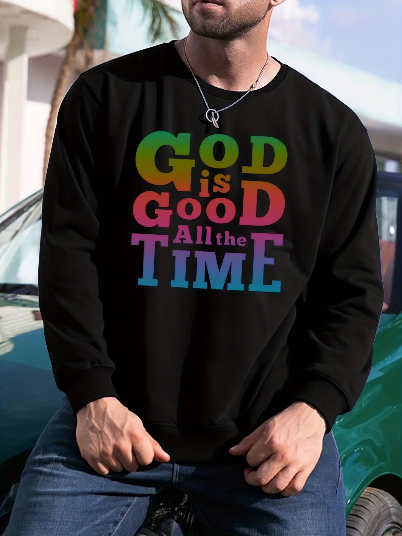 GOD IS GOOD Print Sweatshirt Men's Casual Graphic Crew Neck Pullover