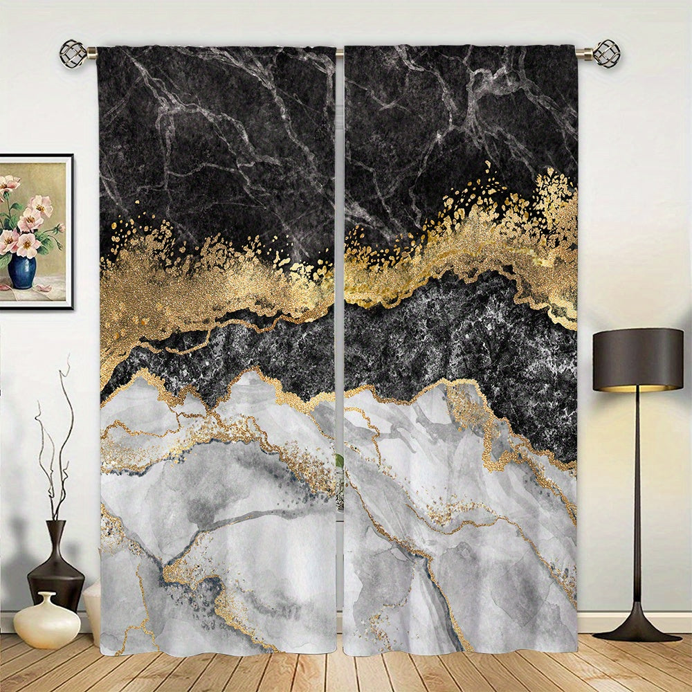 Marble Printed Window Curtain Grey Marble Pattern Rod Pocket Window Drapes