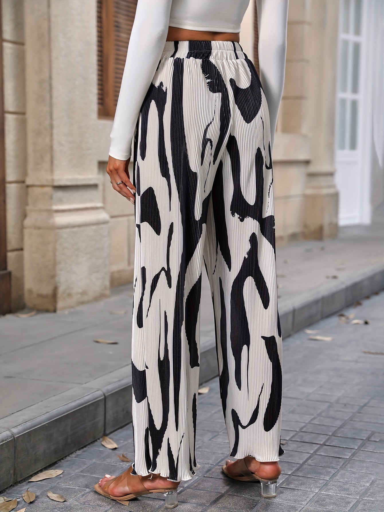Abstract Print Wide Leg Pants Elastic Waist Pants Women's Clothing