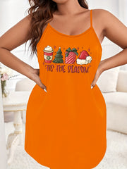 Plus Size Christmas Sexy Nightdress with Hat & Tree Print Cami Sleep Dress