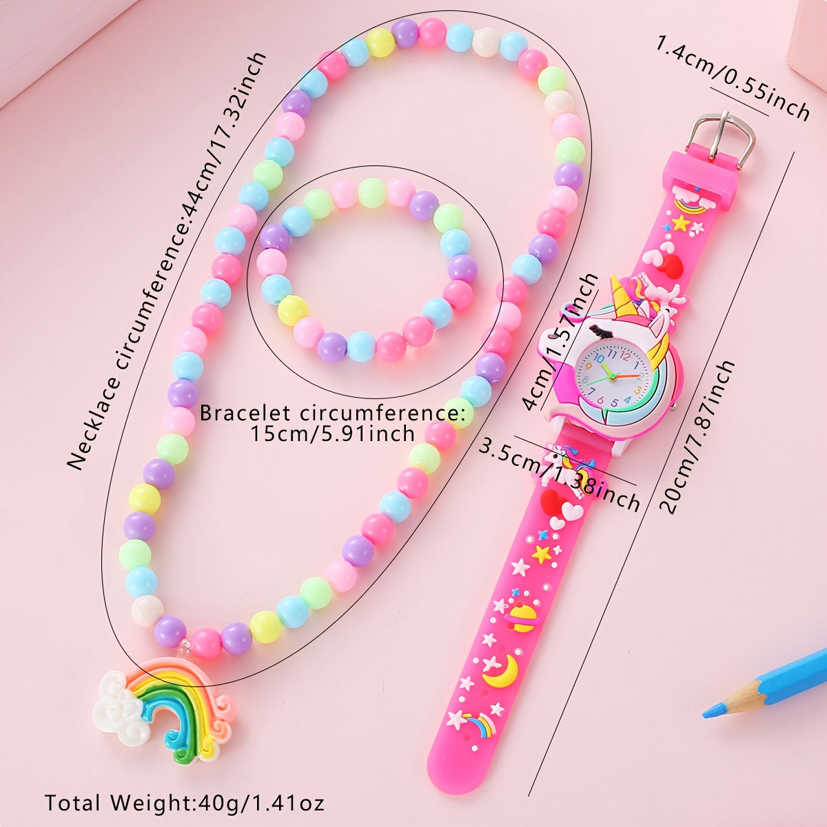 Dobroa Girls' Unicorn Watch Set with Bracelet & Necklace, Pastel Colors