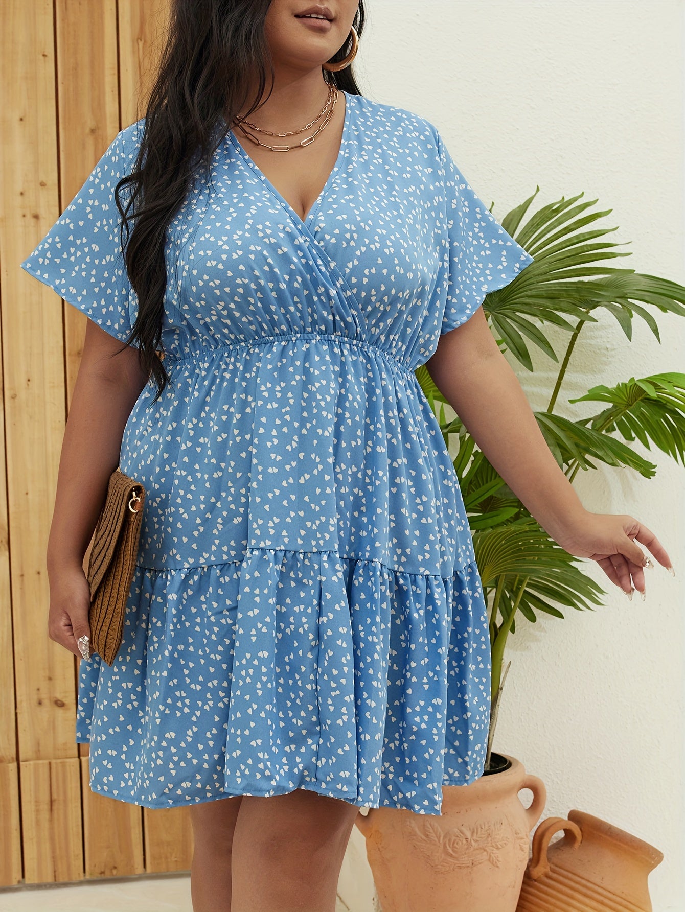 Heart Print Ruffle Sleeve V Neck Dress