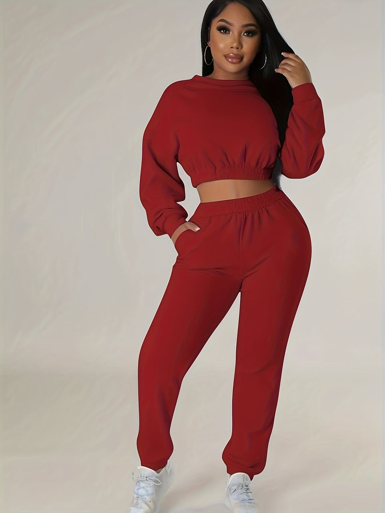 Casual Two Piece Set Crew Neck Long Sleeve Tops & Jogger Pants Outfit