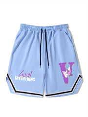 Men's Streetwear Shorts Purple Letter V Graphic Drawstring Stretchy Short Pants