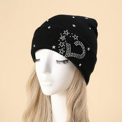 Heart Rhinestone Beanie Hat Winter Soft Knit Warm Skull Cap