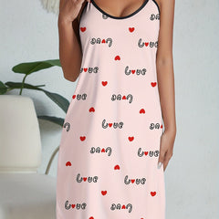 Heart Print Nightdress Crew Neck Spaghetti Strap Sleep Dress Women's Sleepwear