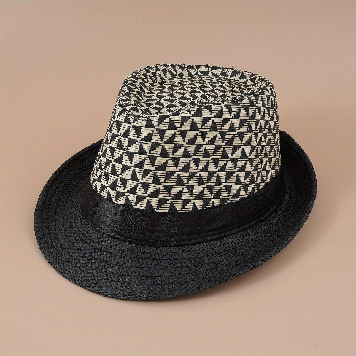 Geometric Plaid Crochet Fedora Cap Lightweight Casual Straw Sun Hat