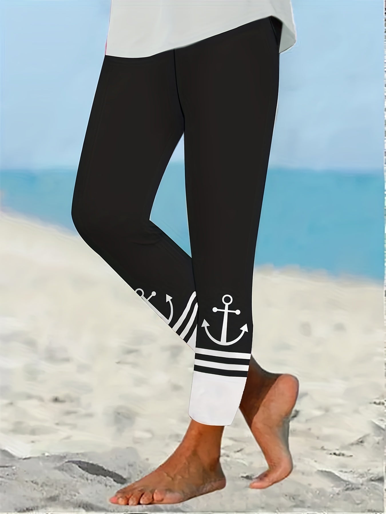 Anchor Print Skinny Leggings Stretchy Leggings Women's Clothing